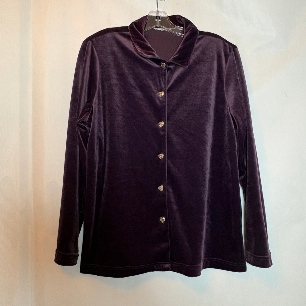 Vtg 80s Blair Velvet 2 Pc Set Button Up Shirt L/S Heart Buttons Plum Purple Med